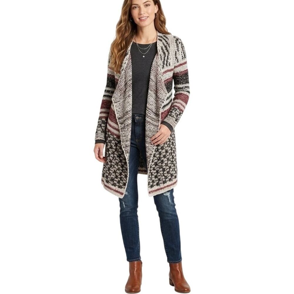 LUCKY BRAND Wool Blend Mixed Stripe Open Front Blanket Cardigan SZ L